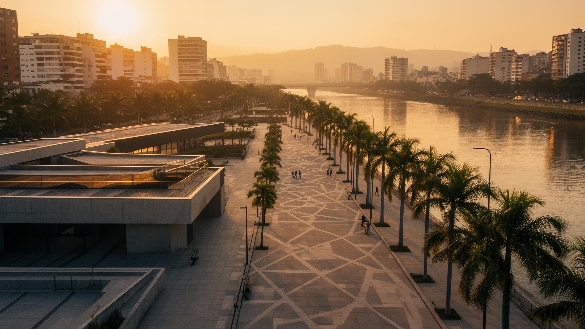 Frente de agua urbano al atardecer